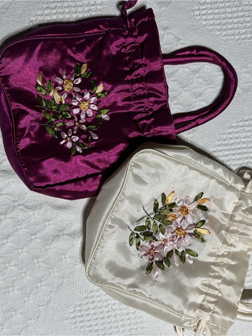 Embroidered Satin Drawstring Tote Bag - Plum and Cream